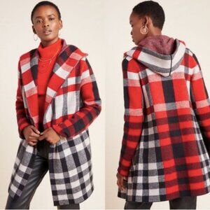 ANTHROPOLOGIE Field Flower Cressida Wool Sweater Coat L Plaid Jacket Red Black